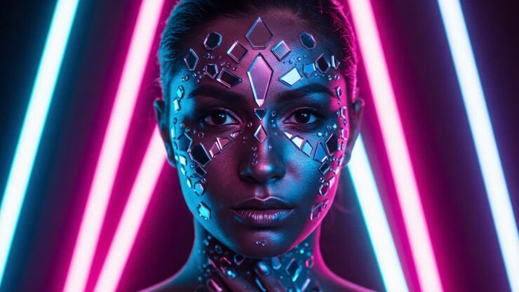 A captivating fusion of light and art, featuring a striking face adorned with mirrored fragments, casting an ethereal glow in a mesmerizing neon environment