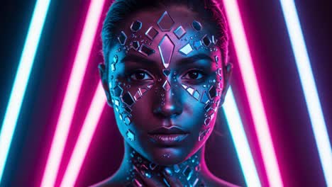 a captivating fusion of light and art, featuring a striking face adorned with mirrored fragments, casting an ethereal glow in a mesmerizing neon environment