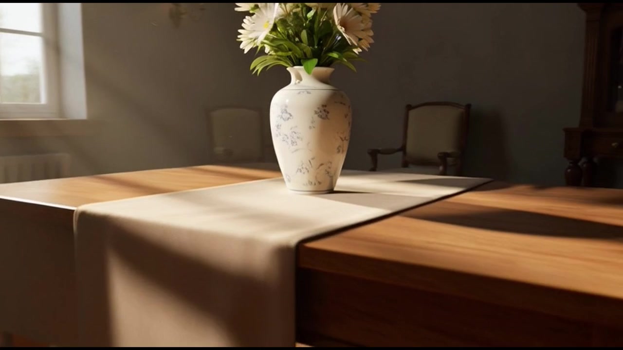 Luce solare che filtra in una tranquilla sala da pranzo con fiori