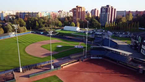 aerial view of a baseball stadium in a city