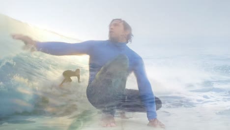 animation of caucasian man surfing over another surfer in background