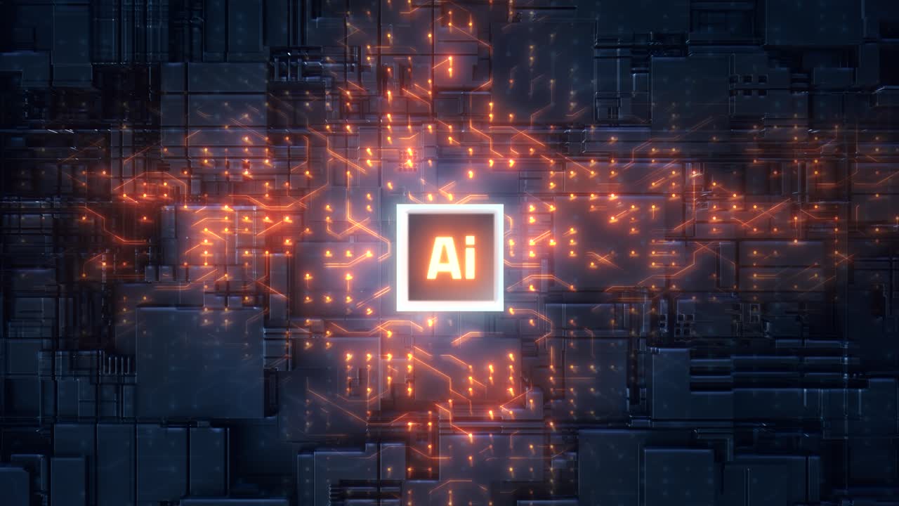 AI Concept over 3D Circuitry and Glowing Lines Over Motherboard