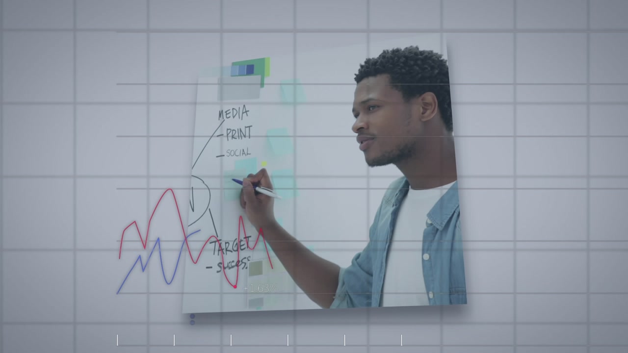 Animation of lines, statistics and data processing over diverse business people