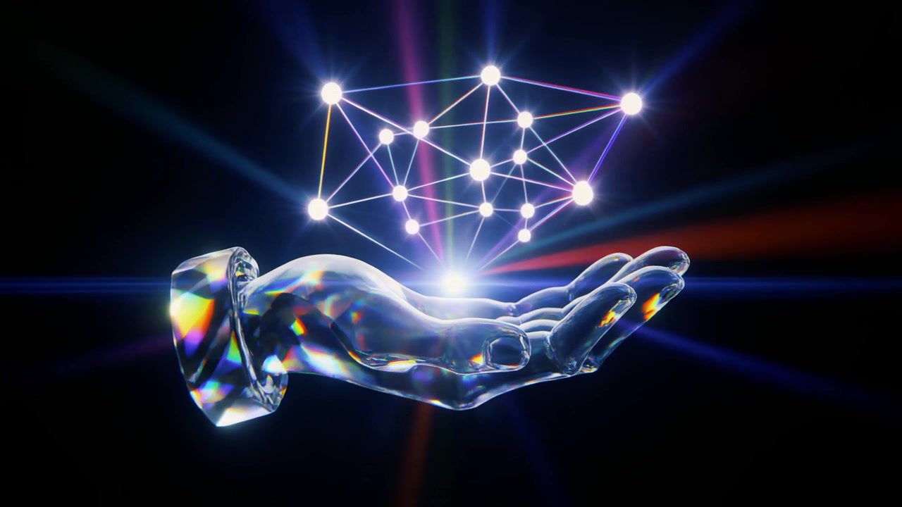 Mano di vetro che tiene una connessione di rete digitale luminosa