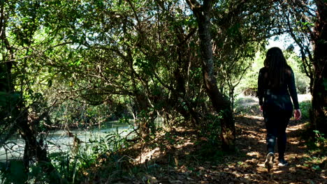 Mujer-Joven-Disfrutando-De-Un-Paseo-Matutino-Bajo-El-Sol-A-Lo-Largo-De-Los-Senderos-Del-Bosque