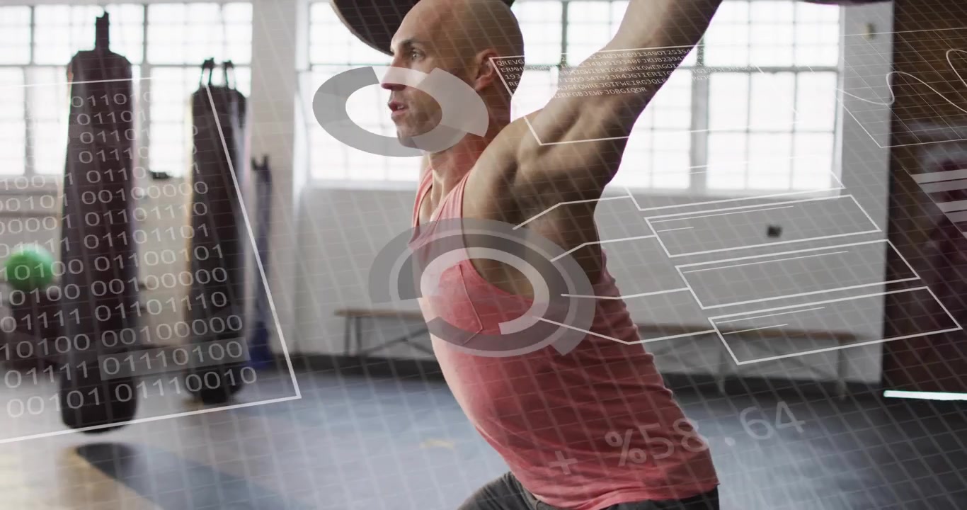 Male athlete securing barbell, lowering into deep overhead squat in gym while HUD tracking data
