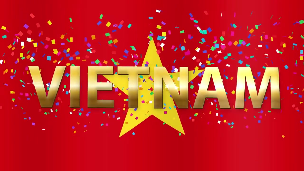 Cờ Việt Nam với chữ vàng và pháo giấy rơi ăn mừng