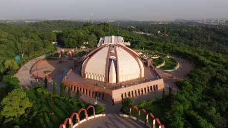 cinematic establishing aerial view above pakistan national monument in islamabad