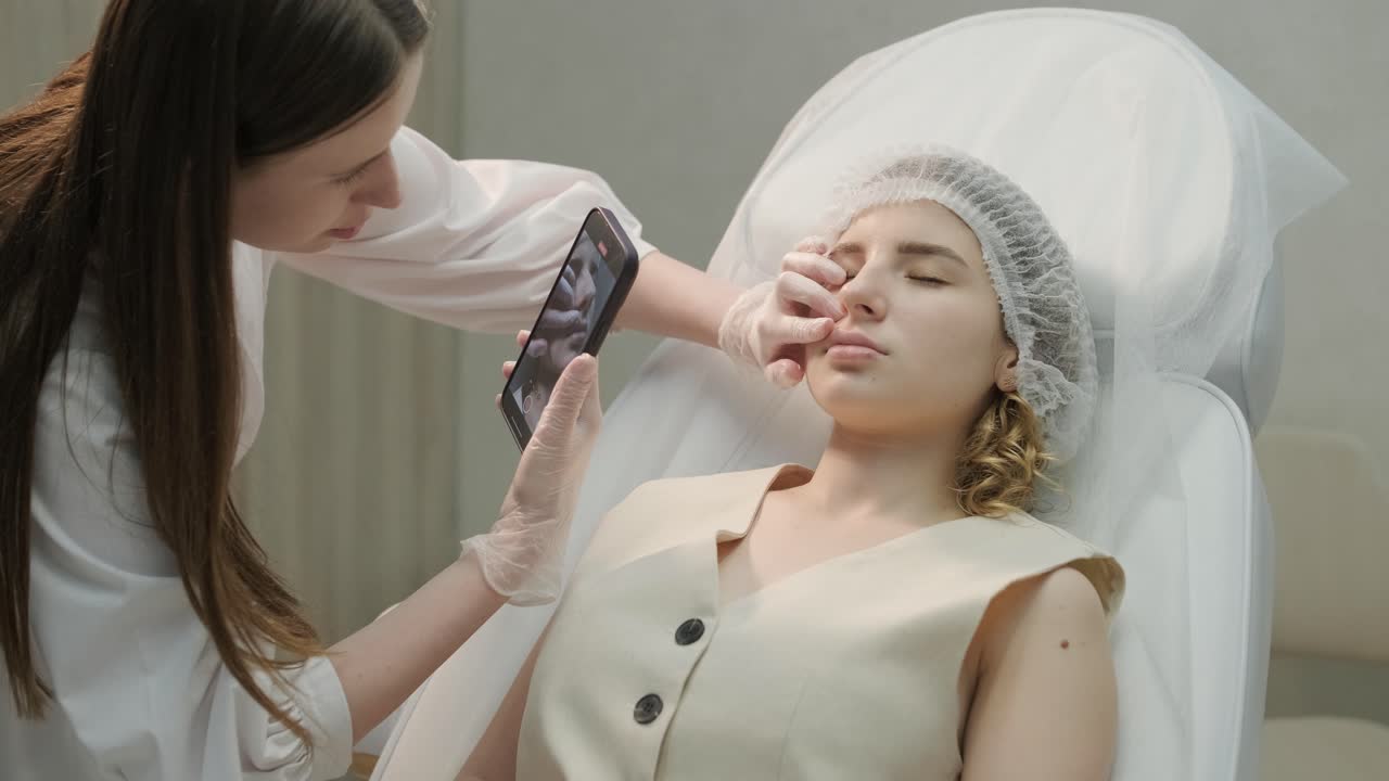 얼굴 주사를 수행하는 미용사의 클로즈업