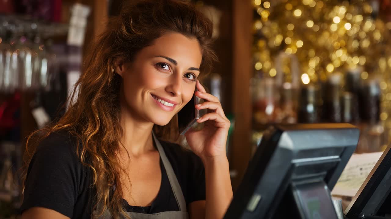 A confident young woman in an apron converses on the phone while working at a bustling counter filled with colorful decorations, embodying customer service and professionalism in a vibrant atmosphere