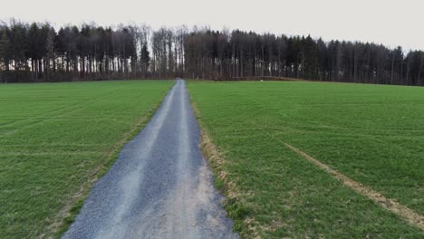 flying over gravel road between agricultural field in germany