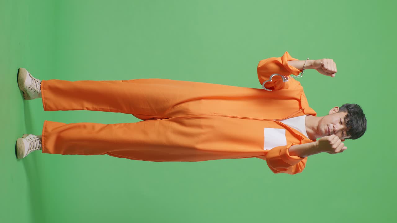 무너진 수갑을 입은 아시아 남성 죄수들의 몸이 가득 차 있으며, 녹색 스크린 배경에 서서 축하하는 골을 비명을 지르고 있다.