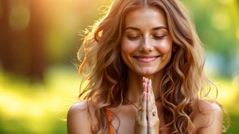 a woman in a colorful dress is smiling and praying