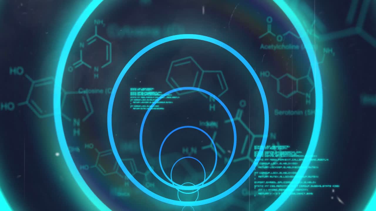 Animation of blue neon geometrical shapes over science data processing