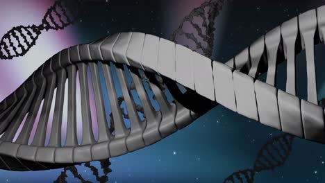 Animation-Von-DNA-Strängen,-Die-Sich-über-Dunklem-Hintergrund-Drehen