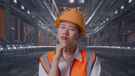 close up of asian female engineer with safety helmet thinking about something and looking around while standing with metal pipes
