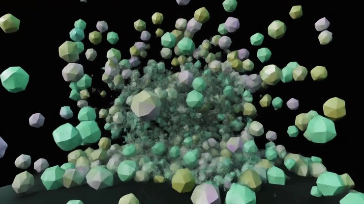 Animazione 3D astratta di forme geometriche che esplodono verso l'alto