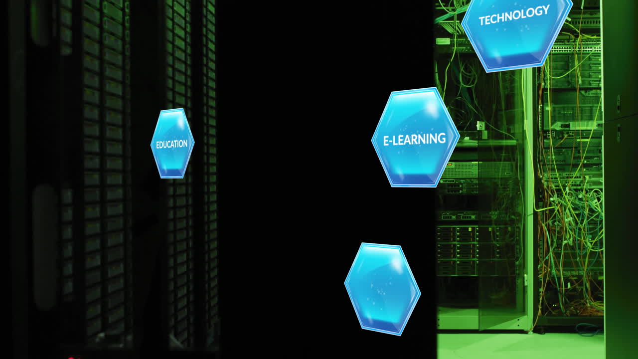Hexagonal icons with EDUCATION, E-LEARNING, and TECHNOLOGY text animation over server room