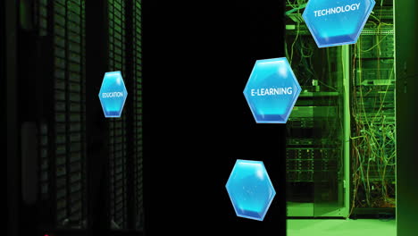 hexagonal icons with education, e-learning, and technology text animation over server room