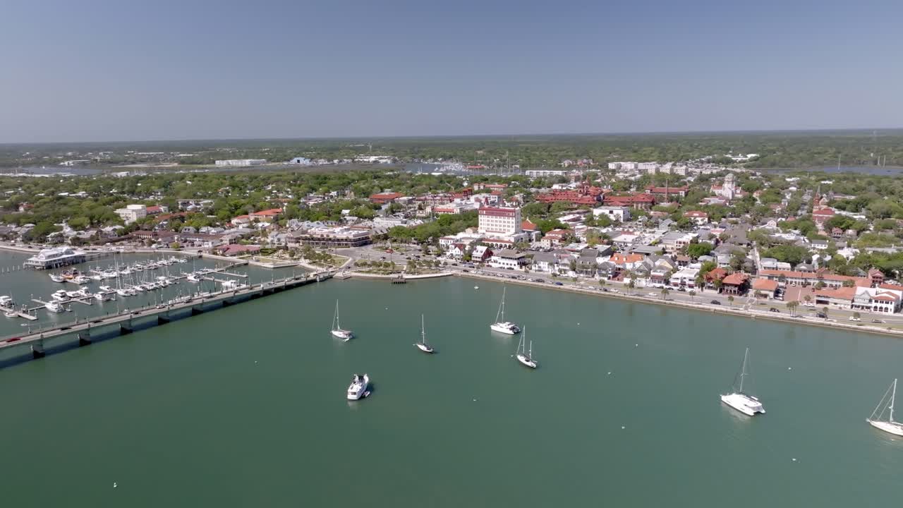 Downtown St. Augustine, Florida along the Matanzas River with drone video moving in a circle.