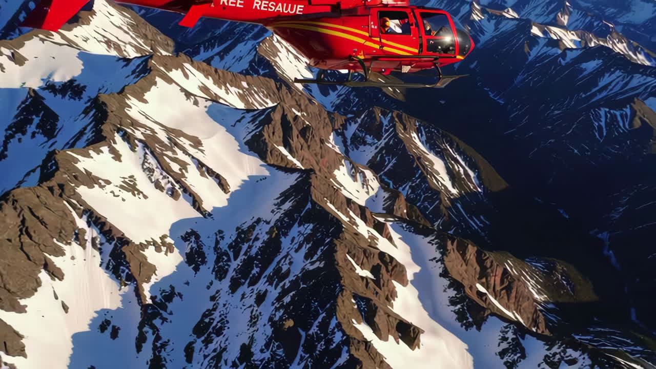 Rescue Helicopter Over Snowy Mountain Peaks