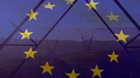 animation of european union flag over electricity pylons in field at sunset