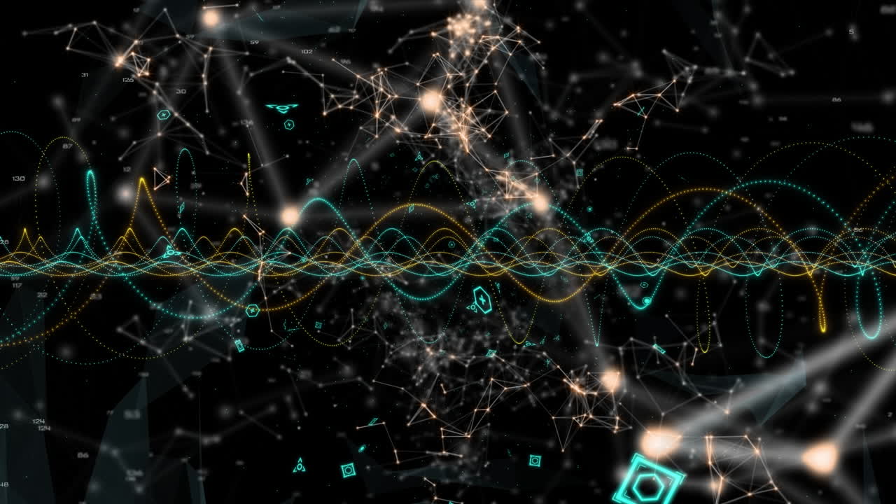 Animation of icons and network of connections over black background