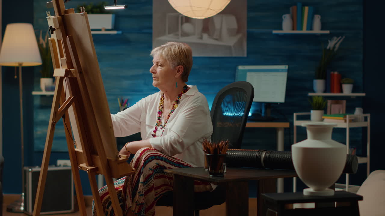 Senior artist creating authentic sketch with pencils on canvas