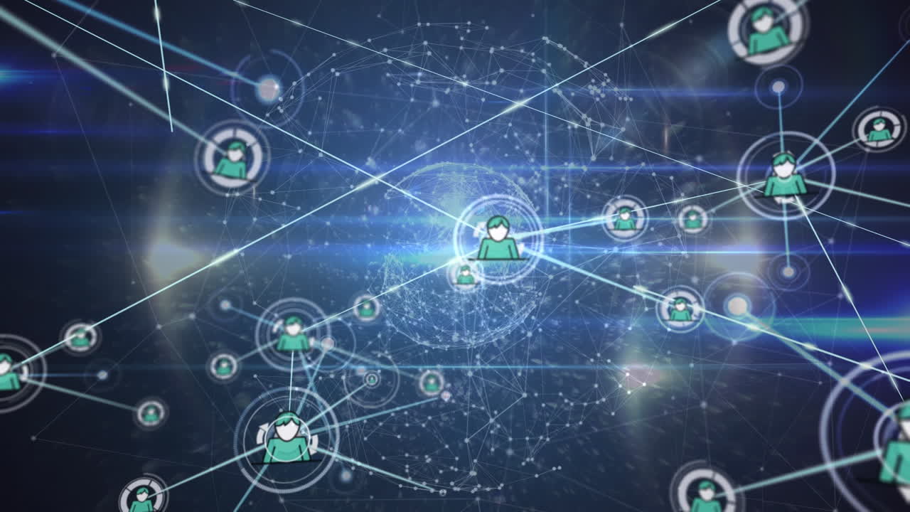 animación de la creciente red de iconos de personas que transmiten datos a través de luces brillantes en