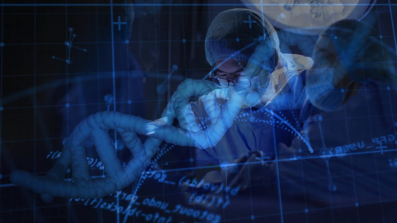 Professionisti medici si chinano esaminando un display, mentre il codice dell'elica del DNA fluttua, supportando l'analisi genetica.