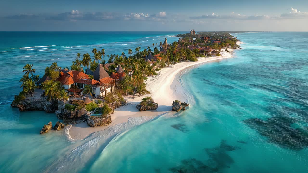 Vista aerea mozzafiato di un paradiso tropicale circondato da acque turchesi cristalline e rigogliose palme in una giornata di sole