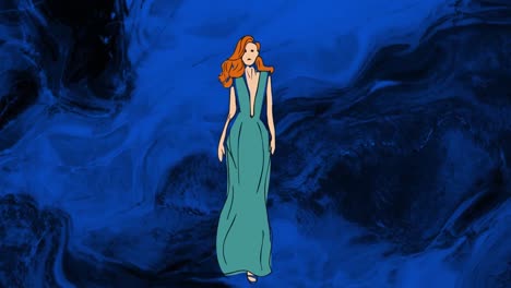 Animation-of-fashion-model-over-blue-wave