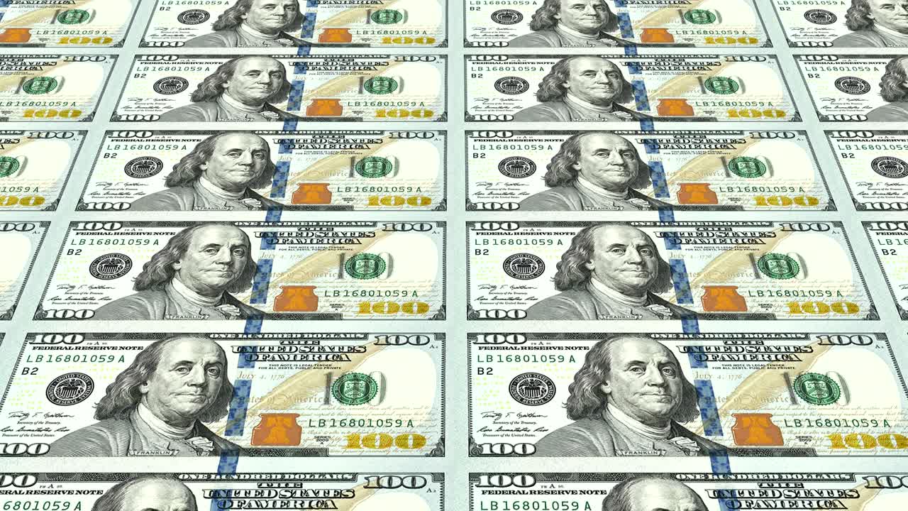 새로운 100 달러 지폐는 멀리 3d 관점에서 루프로 표시됩니다.