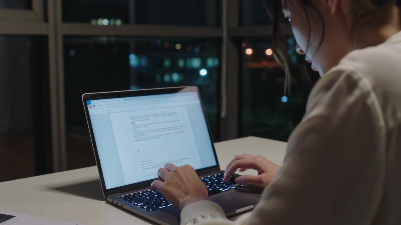 Placing hands on keyboard, woman in blouse typing, editing text at desk by window, laptop papers