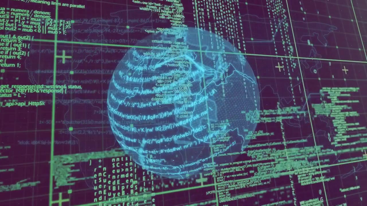 On data update holo globe rotating, bands wrapping, code streaming, grid aligning for data analysis