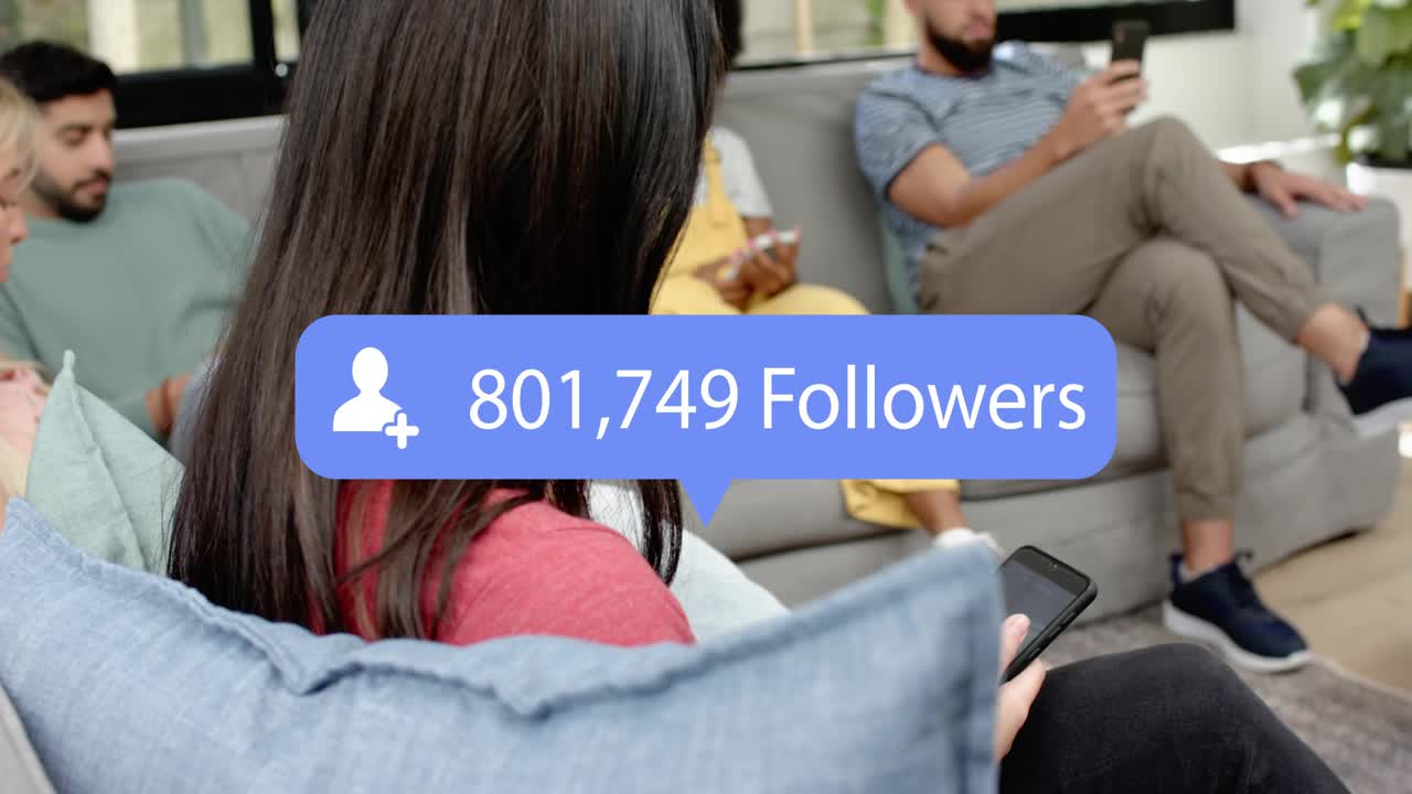 Woman in red top turning toward camera smiling, social media follower overlay rising on phone