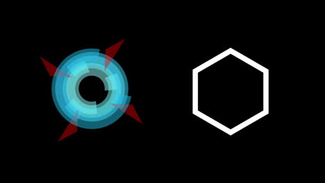 digital animation of two abstract circular shapes spinning against black background