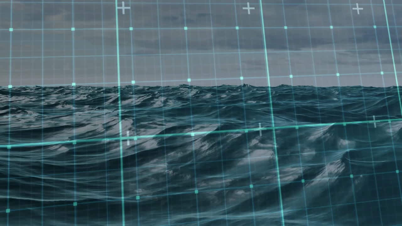 Choppy ocean surface flowing under cloudy sky while receiving turquoise digital grid mapping