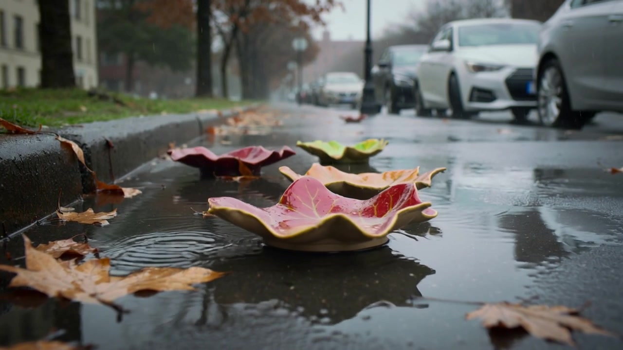 Collecting three leaf bowls holding rippling water on curb with light rain falling, reflecting cars