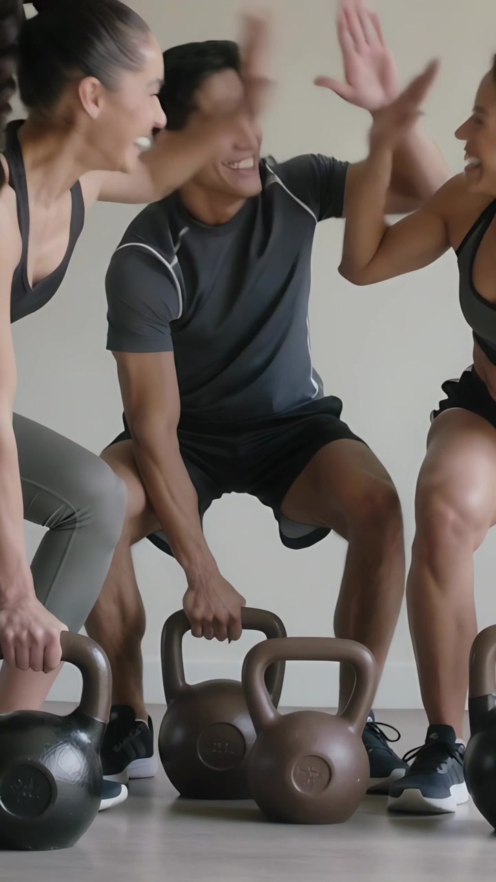 Video vertical: Mujer haciendo una serie con pesas rusas, levantando la mano para chocar los cinco con un trío en el gimnasio, todos equipados.