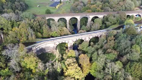 anti-clockwise orbit aerial drone clip of marple aqueduct and viaduct in the united kingdom with river goyt passing underneath