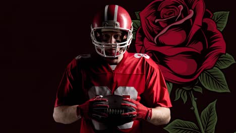 animation of male american football player with ball over red rose on black background