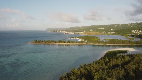 orbit drone shot of fishing bay at american memorial during golden hour