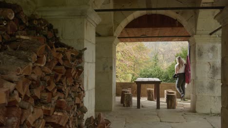 young musician atmospheric sunlit ancient stone archway rustic scene