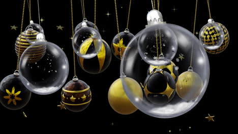 swinging clear, back and gold christmas baubles and stars on black background