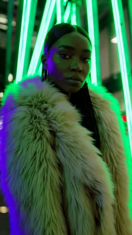woman in a fur coat with vibrant neon lights
