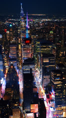 perspective of new yorl scyscrapers street. night new york city aerial view.