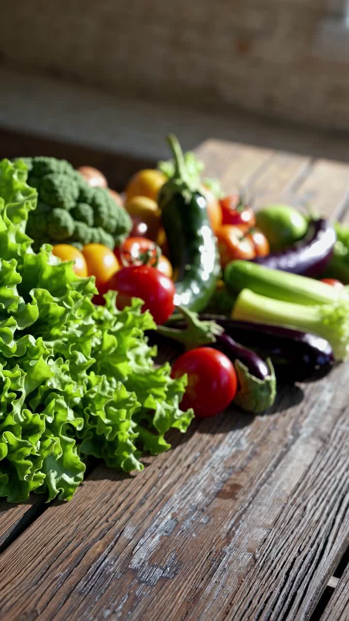 Un vivace assortimento di verdure fresche su un tavolo rustico in legno, ripreso in un'inquadratura dall'alto