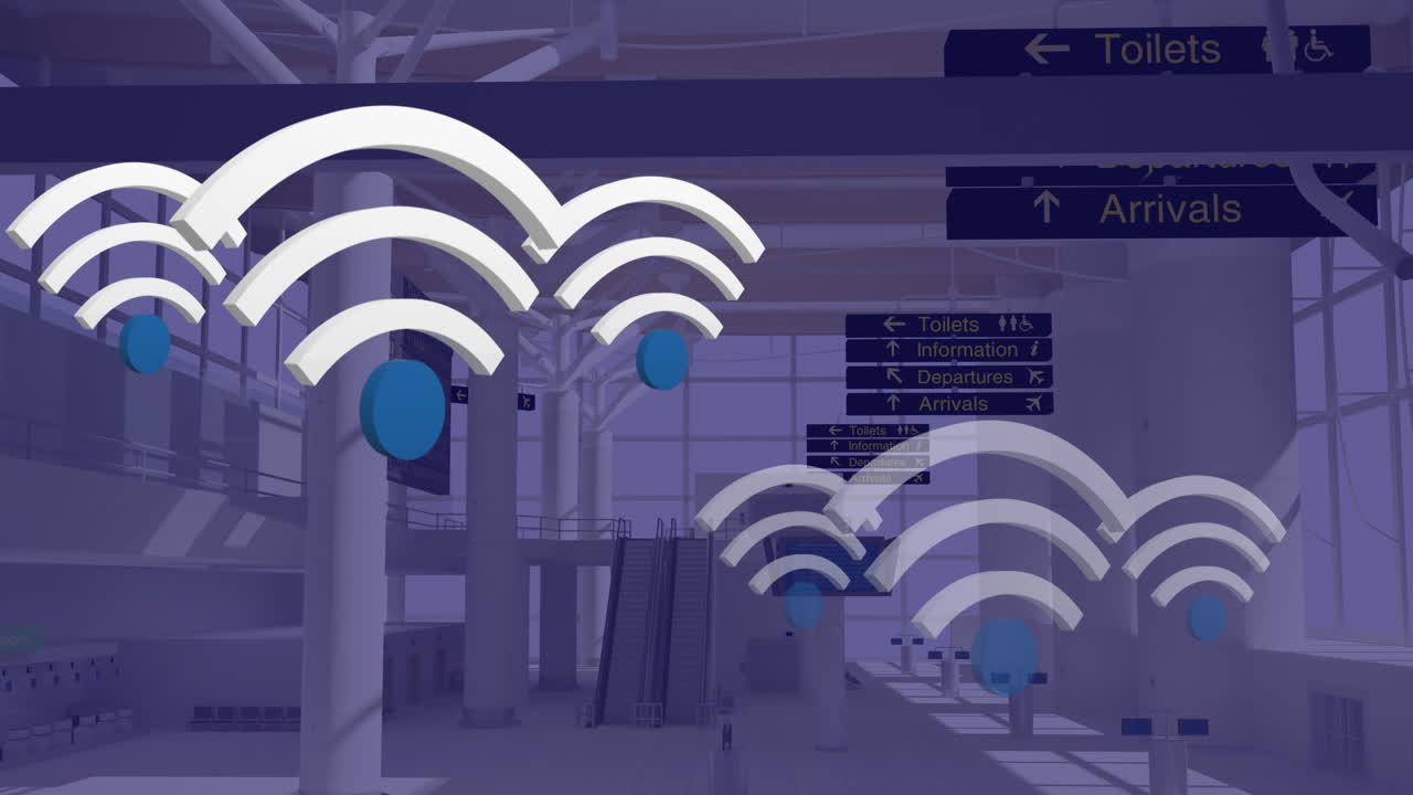Animation of wifi digital icons floating over airport