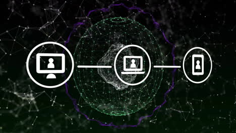 animation of network of connections with icons over globe on black background